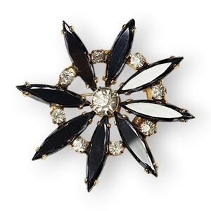 Vintage Rhinestone Flower Brooch Dark Gray White Gold Plate Curved Concave 2"